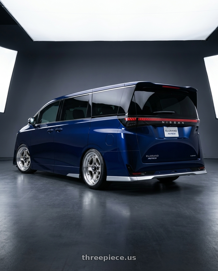 2026 nissan elgrand with Work Equip 40 4x100 15x8.5 +3 a disk Brut Silver wheels rear three quarter view slight stretch tires