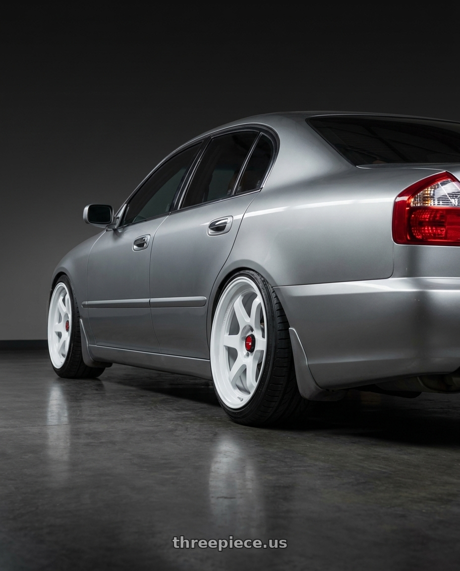 2002 Infiniti Q45  with Aodhan AH08 5x114.3 18x8.5+35 Gloss White wheels rear three quarter view square tires