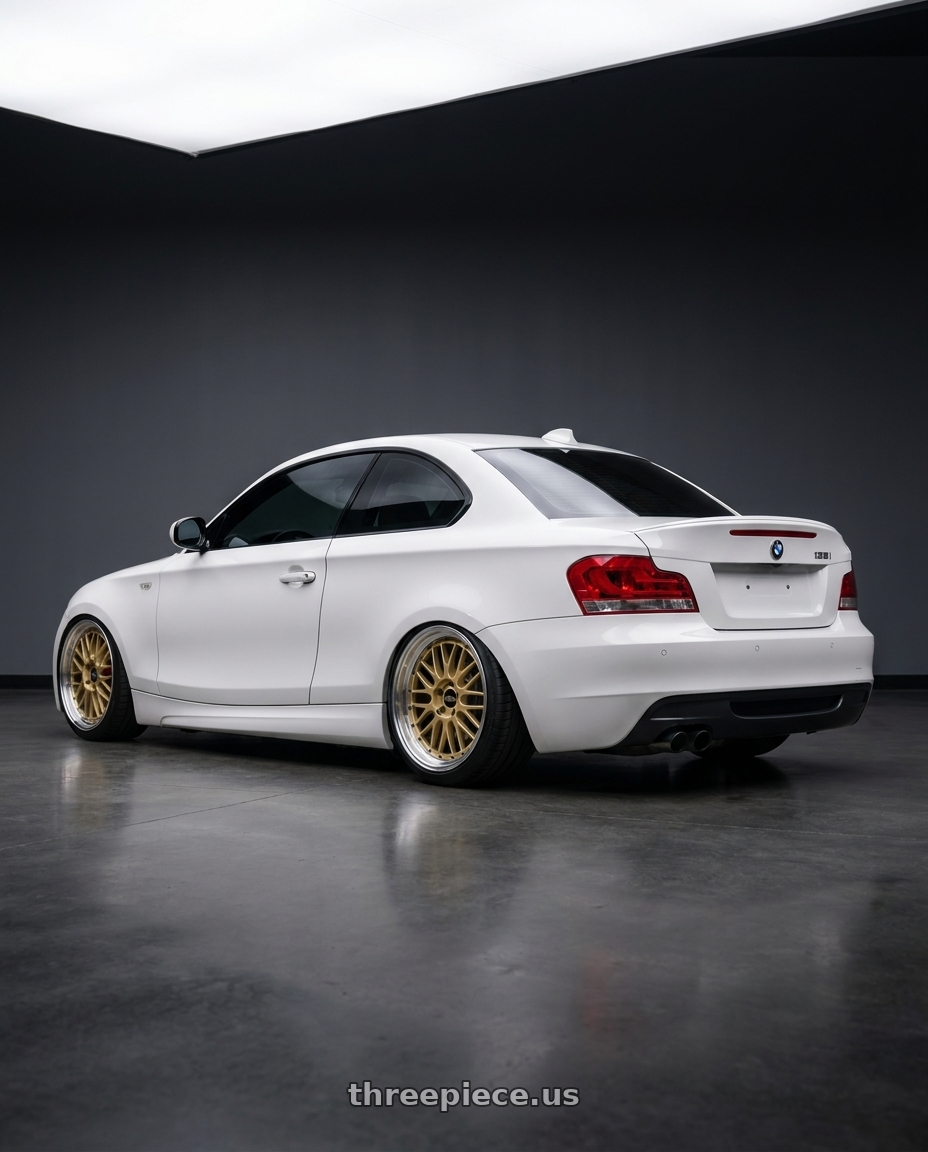 2013 bmw e82 135i with BBS LM 5x114.3 17x7.5+38 Gold wheels rear three quarter view extreme stretch tires