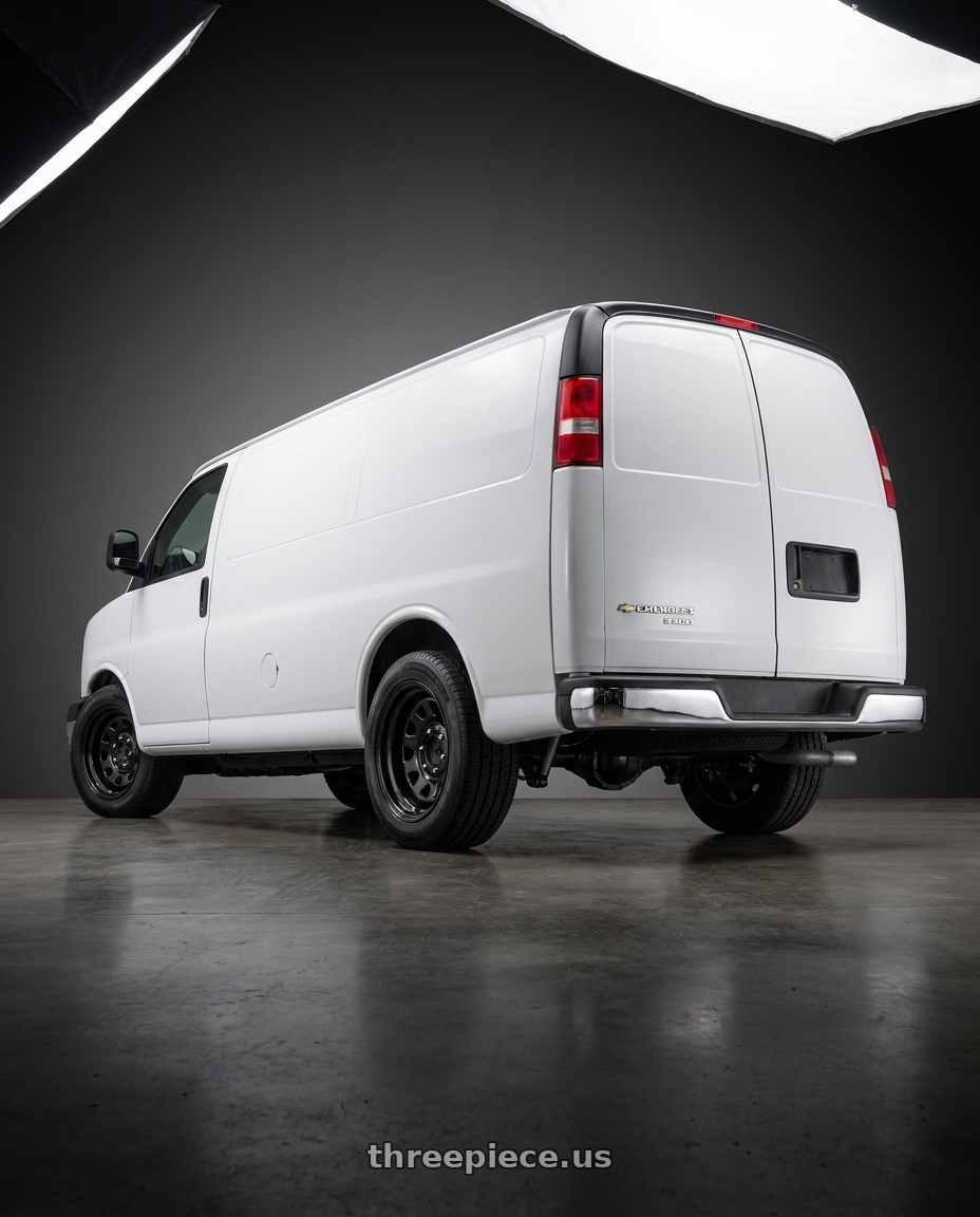 2014 Chevrolet Express 3500 with Vision HD 84H 8x165.1 16x7+0 Gloss Black wheels rear three quarter view square tires