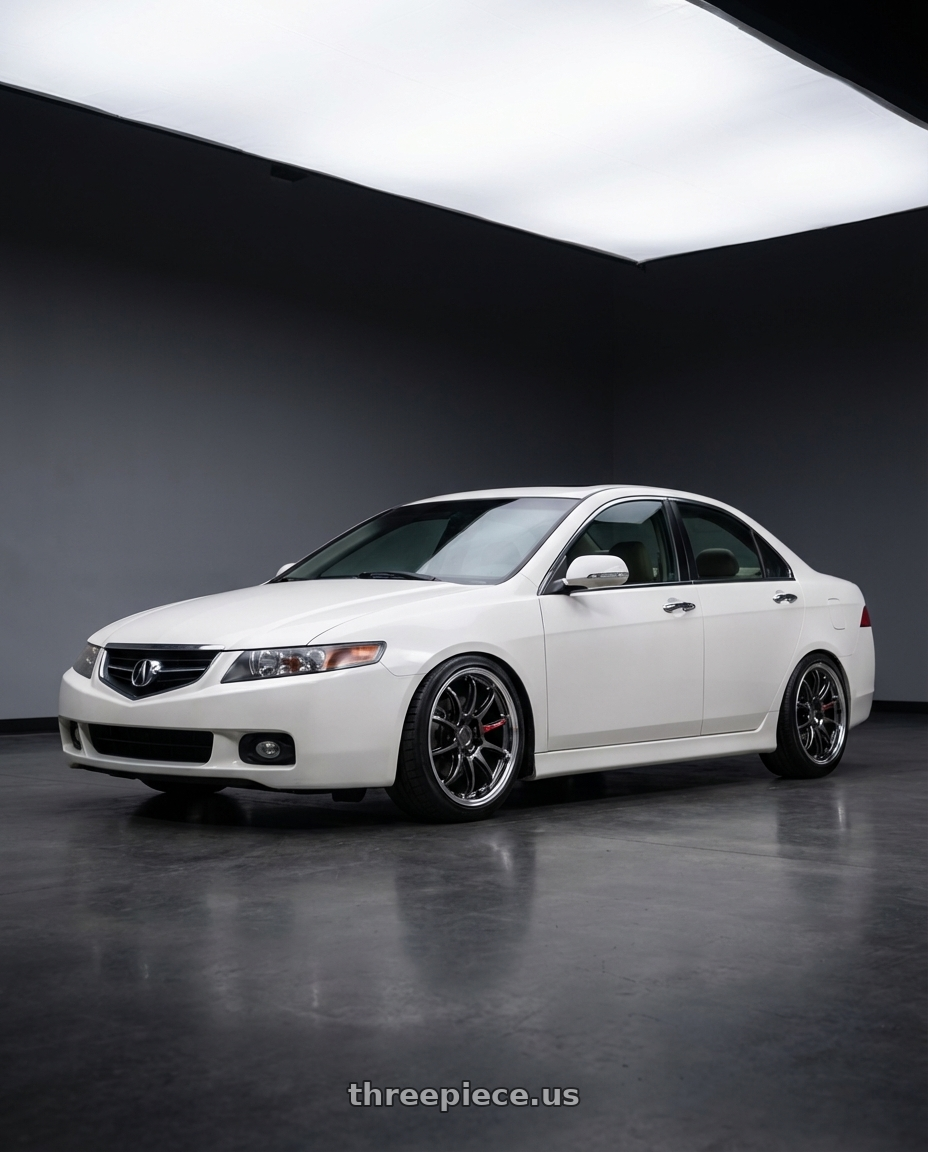 2003 Acura Tsx with Work Emotion Zr10 5x100 18x7.5 +38 Glim Black Diamond Rim cut wheels front three quarter view lowered stance