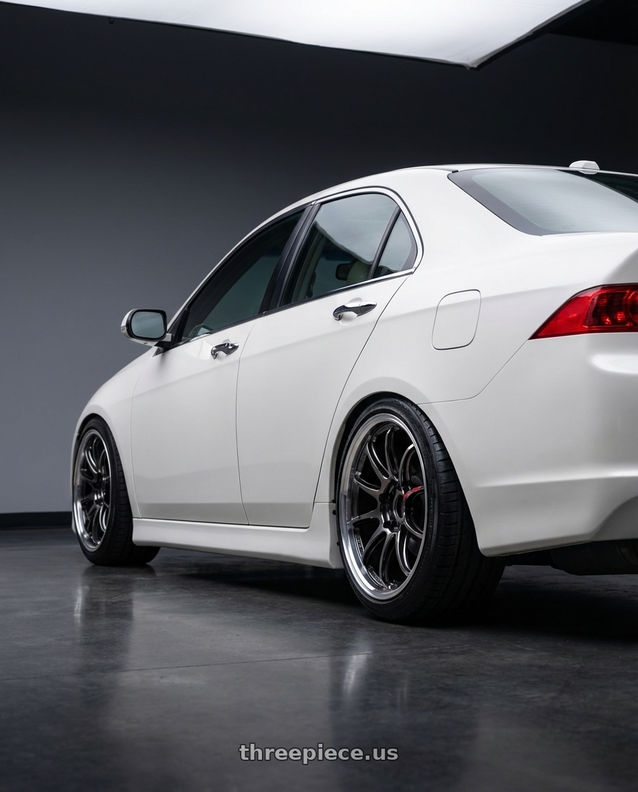 2003 Acura Tsx with Work Emotion Zr10 5x100 18x7.5 +38 Glim Black Diamond Rim cut wheels rear three quarter view slight stretch tires