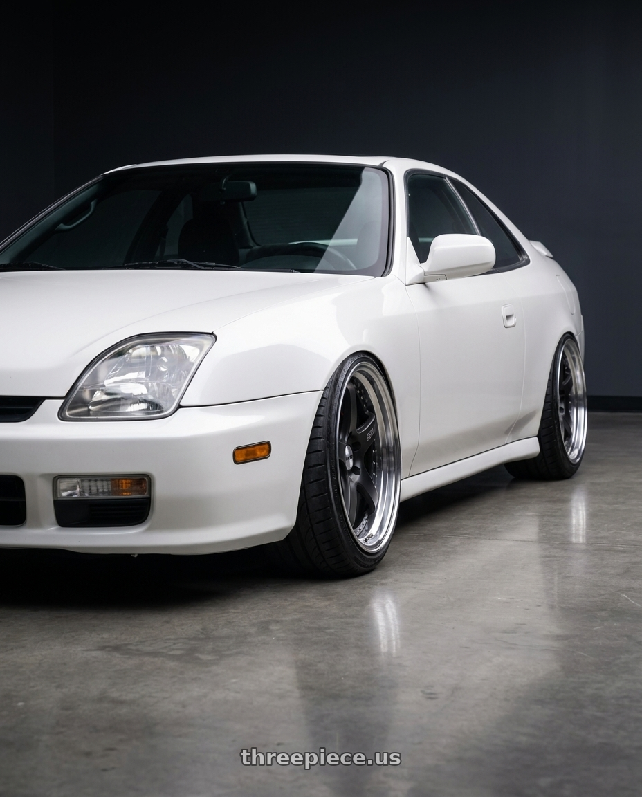 2000 Honda Prelude with SSR Professor SP4 5x114.3 19X9.5 25 HP Disk Flat Black wheels front three quarter view lowered stance
