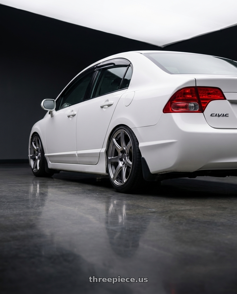2007 honda civic ex with Work Emotion T7r 5x100 18x8.5 +38 Gt Silver wheels rear three quarter view square tires