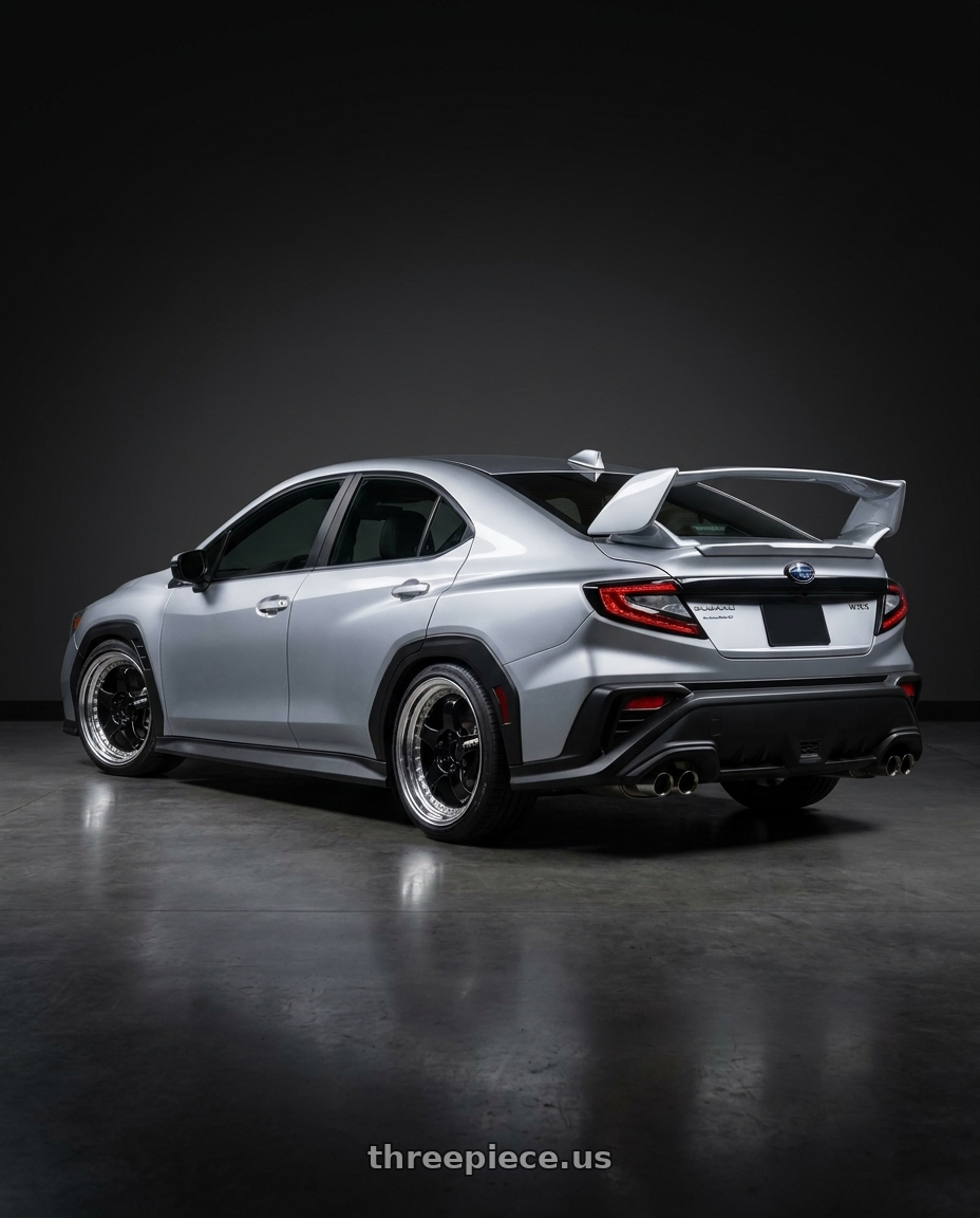 2026 Subaru, Wrx Limited, Ice Silver Metallic with Work Meister S1 3P 5x100 18x8.5+29 A Disk Black wheels rear three quarter view slight stretch tires