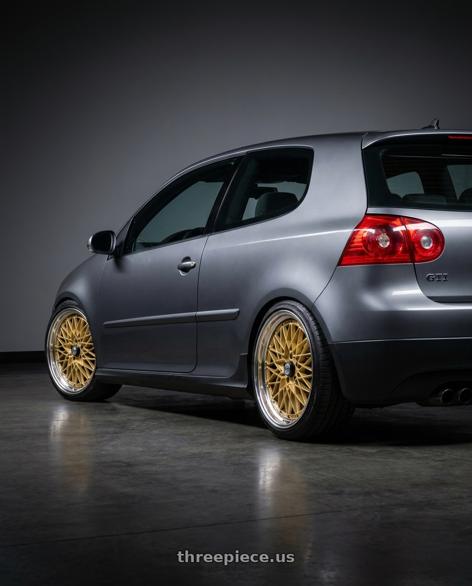 2009 VW GTI with SSR Formula MESH 5X100 18X9.5+0 HP Disk Fm Gold wheels rear three quarter view slight stretch tires