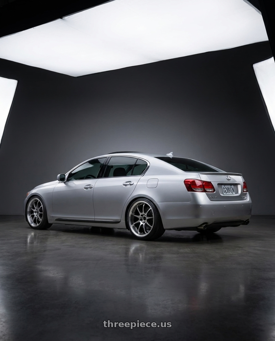2006 Lexus gs300 with Work Emotion D9r 5x100 19x9.5 +38 Gt Silver Rim Cut wheels rear three quarter view square tires
