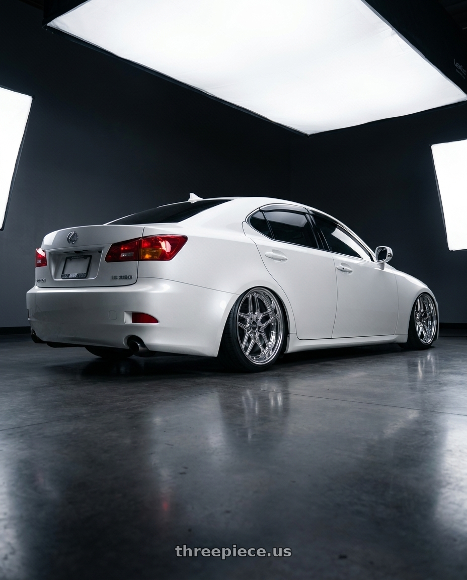 2010 Lexus is 250 with ESR Wheels CS15.2 5x114.3 18x9.5 +35 Vacuum Chrome wheels rear three quarter view slight stretch tires