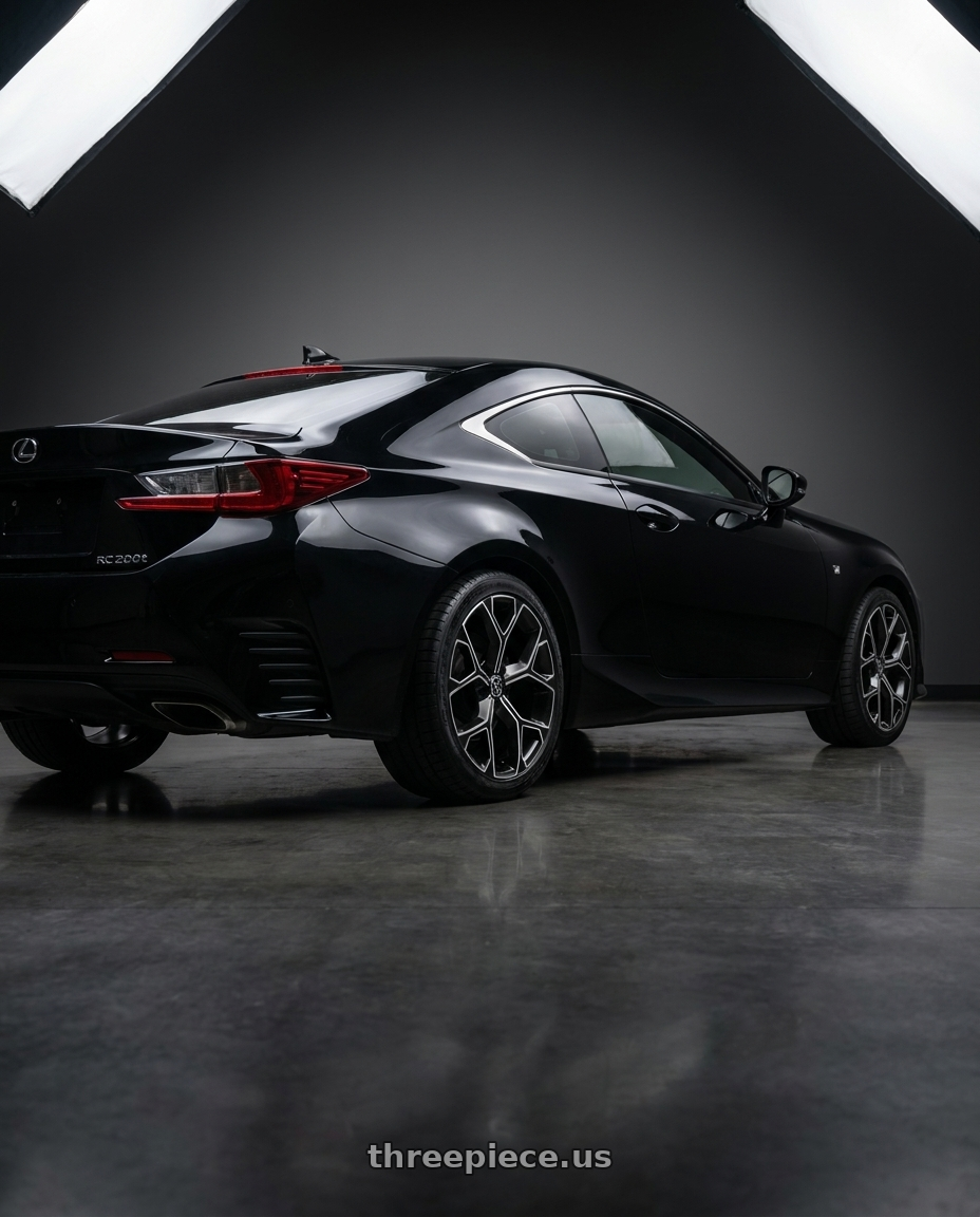 2016 Lexus Rc200t F Sport with Xcess 5 Flake 5x114.3 20x8.5 +35 Gloss Black Milled wheels rear three quarter view square tires