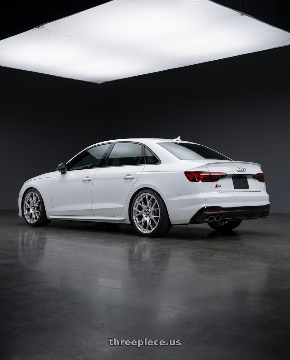 2020 Audi S4 with BBS CH-R 5x112 20x8.5 +40 Brilliant Silver Polished Rim Protector wheels rear three quarter view square tires