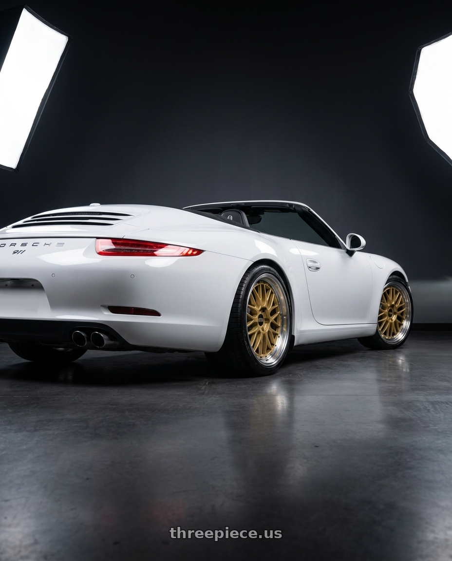 2012 Porsche 911 Carrera S with BBS LM 5x114.3 17x7.5+38 Gold wheels rear three quarter view square tires