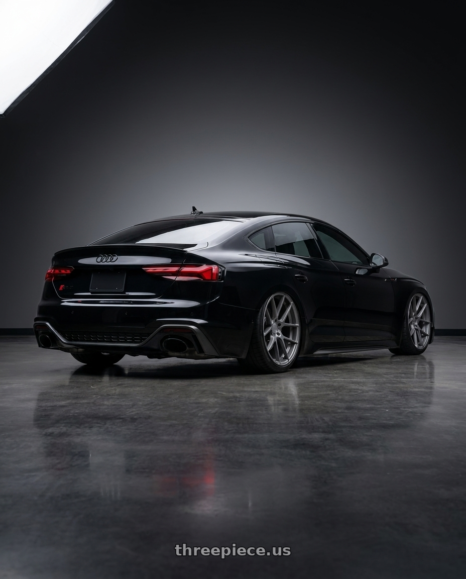 2022 Audi RS5 with Avant Garde Wheels M510 5X112 20x10 +25 Dolphin Grey wheels rear three quarter view slight stretch tires
