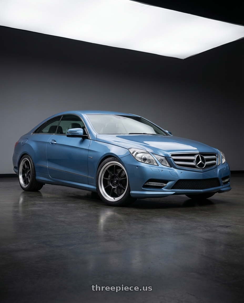 2014 Mercedes-Benz E-Class Coupe C207 with Konig Countergram 5x112 19x11+40 Matte Black / Matte Machined Lip wheels front three quarter view lowered stance