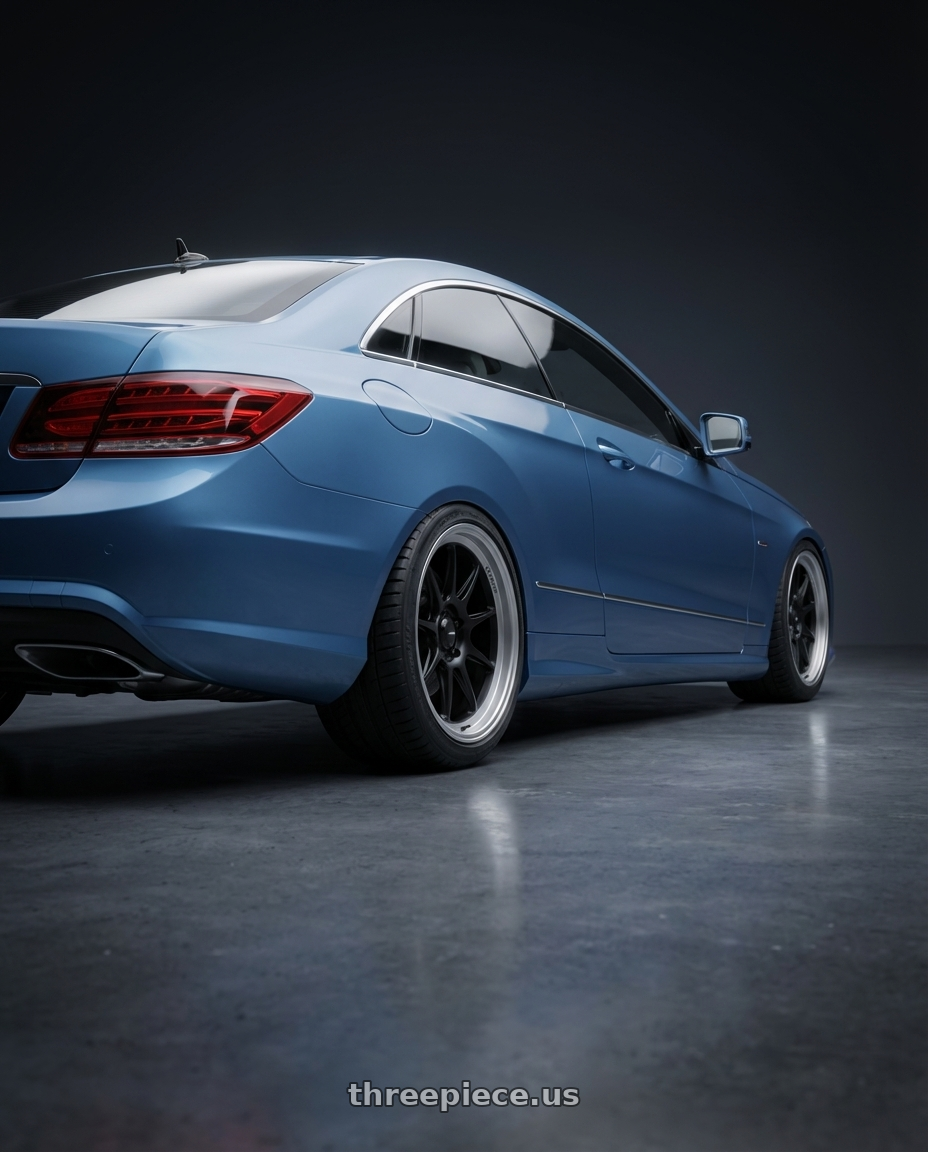 2014 Mercedes-Benz E-Class Coupe C207 with Konig Countergram 5x112 19x11+40 Matte Black / Matte Machined Lip wheels rear three quarter view square tires