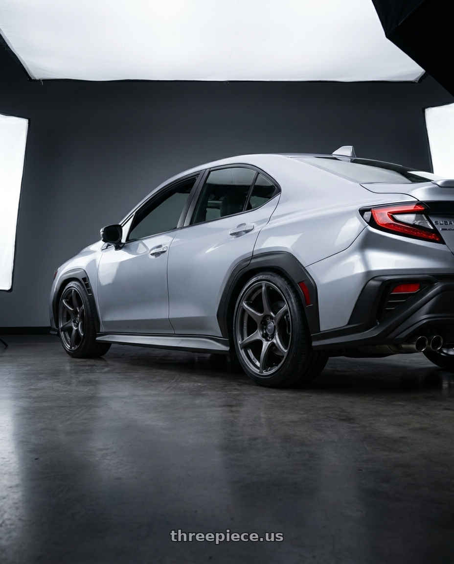 2026 Subaru WRX Limited Ice Silver Metallic with Kansei K11G Tandem 5x114.3 19x9.5 22 Gunmetal wheels rear three quarter view slight stretch tires