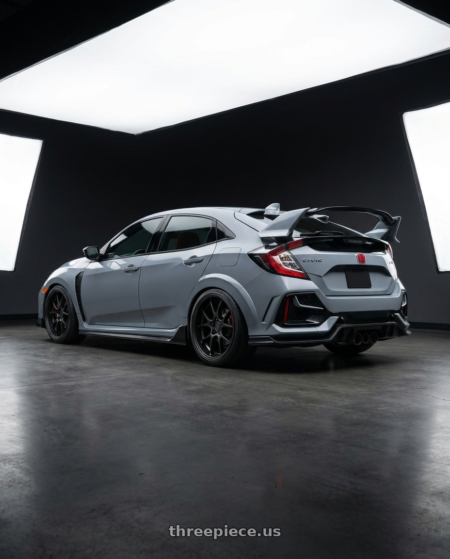 2021 Honda Civic Type R with Rotiform 207 5x120 18x9.5 +38 MATTE BLACK wheels rear three quarter view square tires