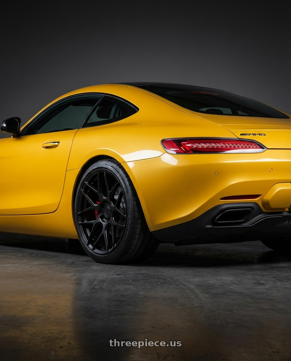 2019 Mercedes-Benz AMG GT with Aodhan AFF2 5x112 19x8.5+35 Matte Black wheels rear three quarter view square tires