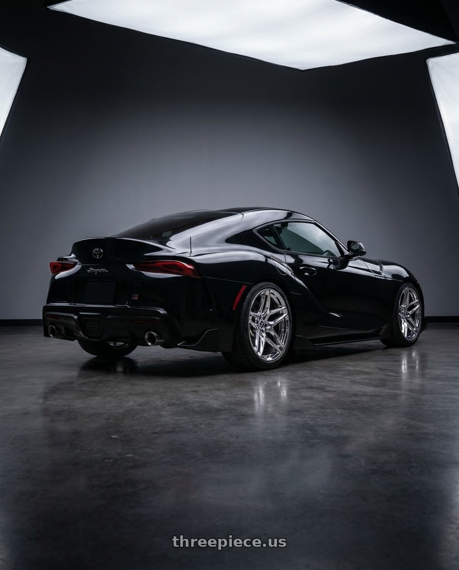 2021 Toyota GR Supra 3.0 Black  with HERITAGE WHEEL EBISU MONOC 5x112 20x9 +25 CHROME wheels rear three quarter view square tires