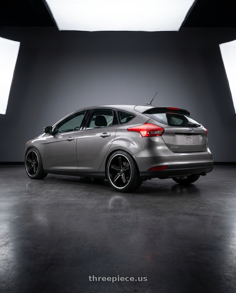 2017 Ford Focus with Motegi MR122 4X100/4X114.3 18X9 +45 SATIN BLACK W/ MACHINED STRIPE wheels rear three quarter view square tires