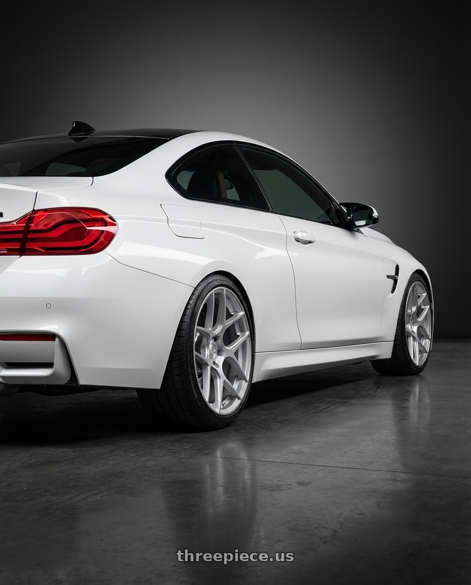 2018 BMW M4 F82 with Aodhan AFF2 5x120 19x8.5+35 Gloss Silver Machined Face wheels rear three quarter view square tires