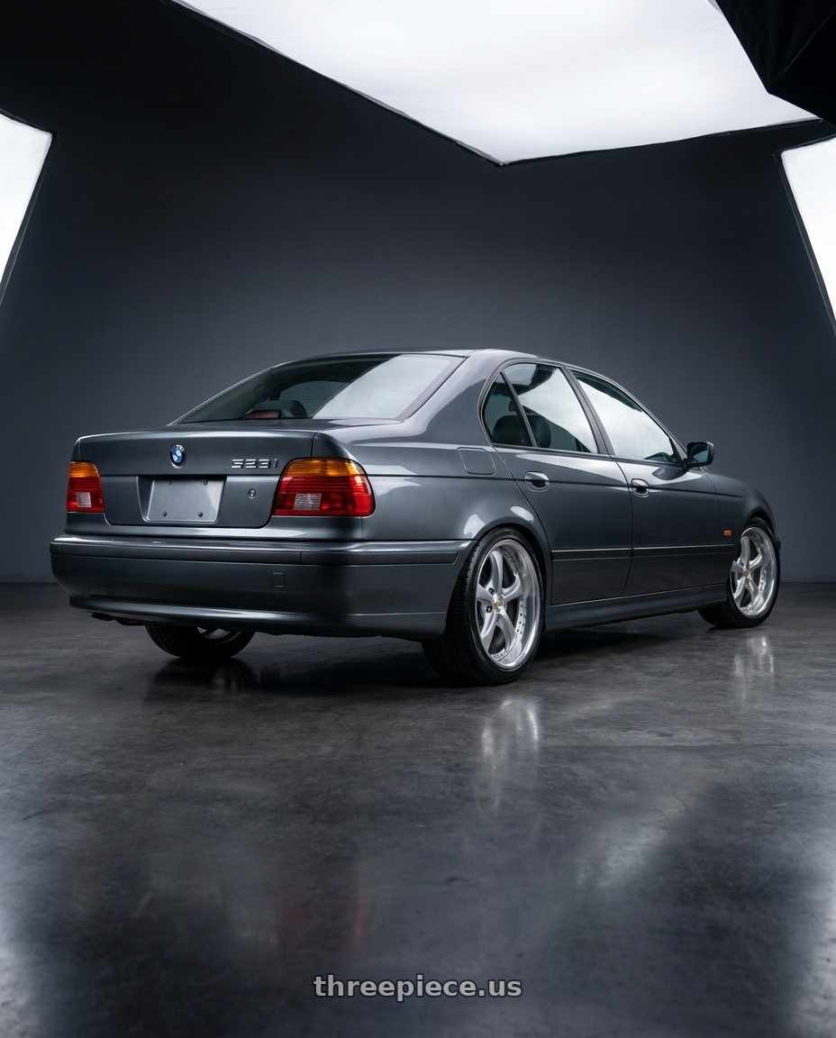 2000 BMW 528I  Anthracite Metallic with Work Wheels VS-KF 5x120 18x9+21 Light Grey Silver O Disk FULL REVERSE wheels rear three quarter view slight stretch tires