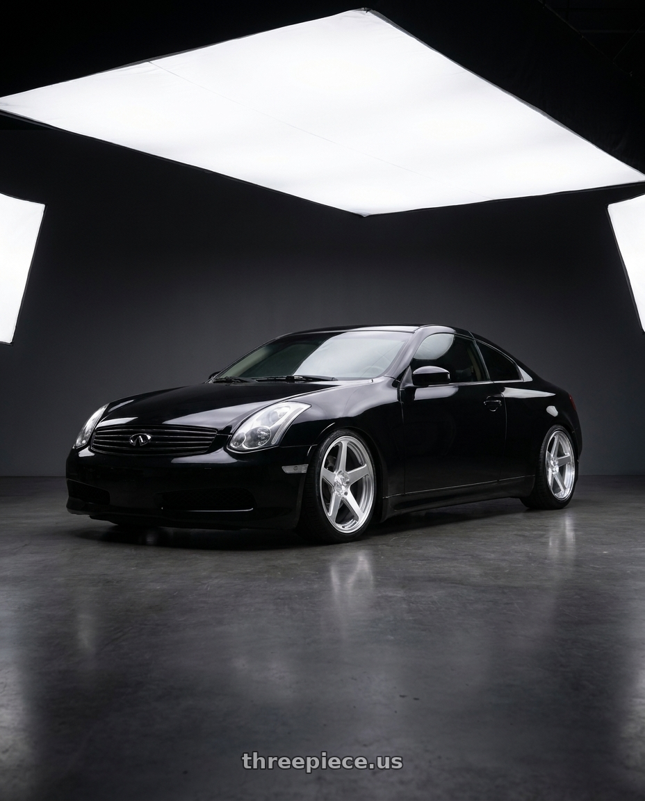 2003 INFINITI G35 with DOLCE PERFORMANCE STELLA 5x114.3 20x8.5 +38 Gloss Silver wheels front three quarter view lowered stance