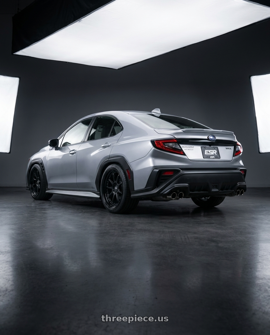 2026 Subaru, WRX Limited, Ice Sliver Metallic with ESR Wheels CS SERIES CS12 5x100 18x9.5 +35 Matte Black wheels rear three quarter view square tires