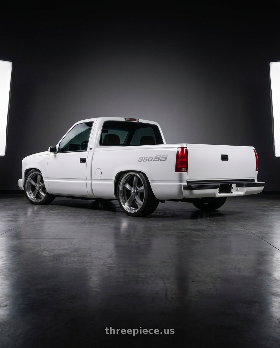 1989 chevy c1500 with Ridler Type 695 5x127 20x8.5+0 Grey/Machined Lip wheels rear three quarter view square tires