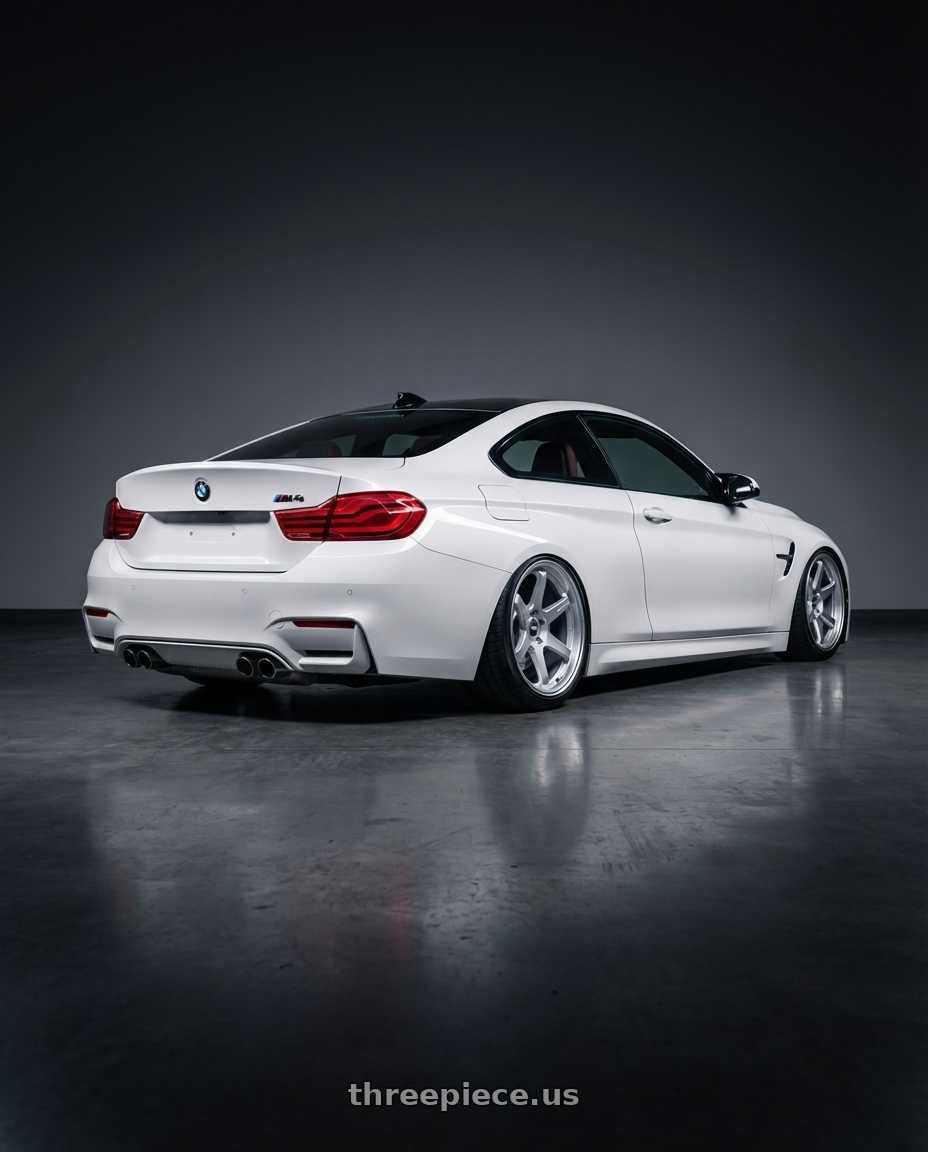 2018 BMW M4 F82 with ESR Wheels APEX SERIES AP6 5x120 19x8.5 +30 Hyper Silver wheels rear three quarter view slight stretch tires