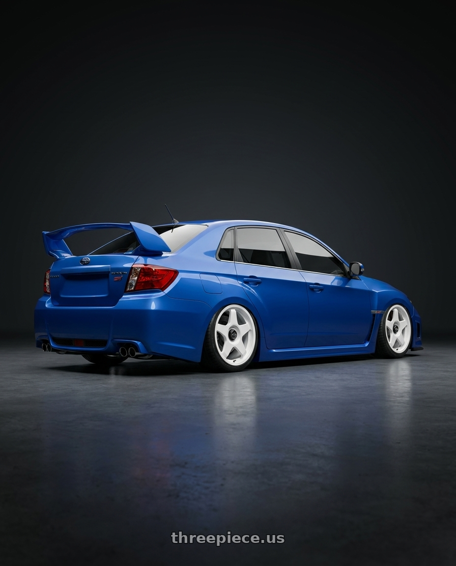 2013 Subaru WRX STI with fifteen52 CHICANE 5x114.3 / 5x100 18x8.5 +35 RALLY WHITE (GLOSS WHITE) wheels rear three quarter view slight stretch tires
