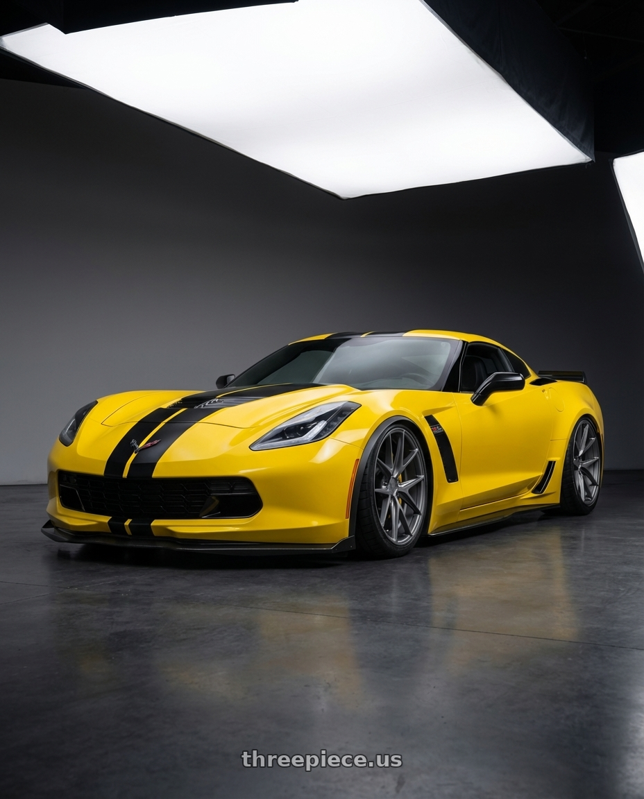 2018 Chevrolet Corvette C7 with Niche 1PC M116 MISANO 5X120.65 19X8.5 +50 MATTE GUN METAL wheels front three quarter view stanced stance