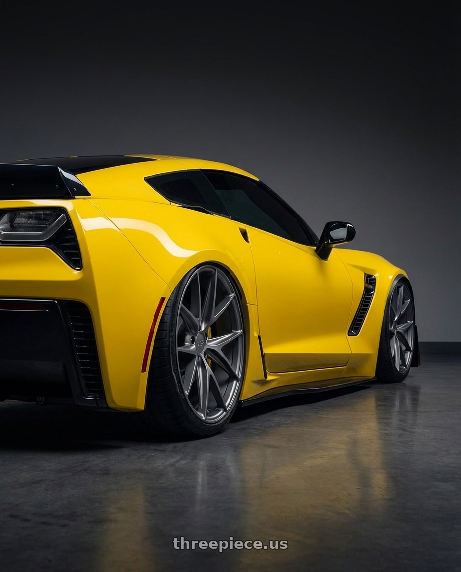 2018 Chevrolet Corvette C7 with Niche 1PC M116 MISANO 5X120.65 19X8.5 +50 MATTE GUN METAL wheels rear three quarter view slight stretch tires