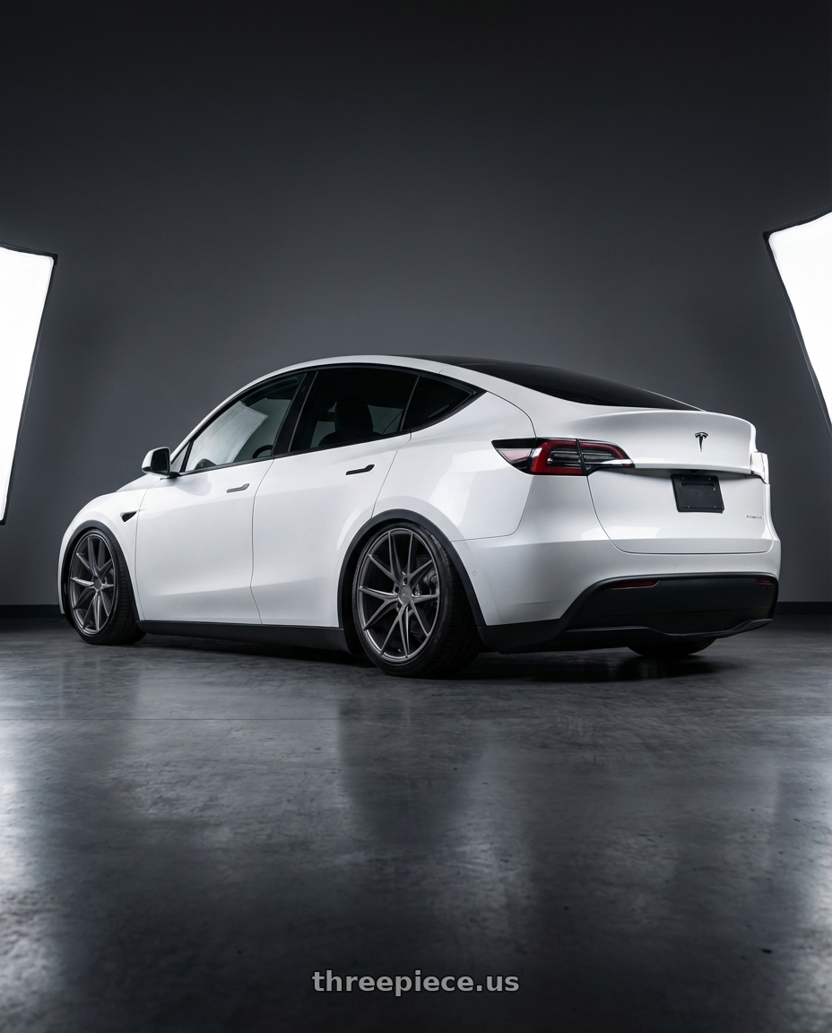 2024 Tesla Model Y with Niche 1PC M116 MISANO 5X114.3 20X10.5 +30 MATTE GUN METAL wheels rear three quarter view slight stretch tires