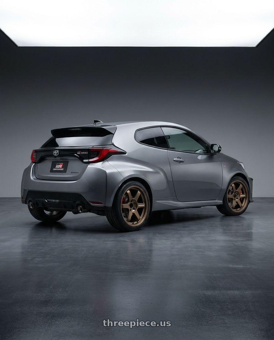 2025 toyota GRYaris Liquid Mercury with Volk Racing TE37 Progressive Model 6x139.7 18x9+0 Large PCD wheels rear three quarter view square tires