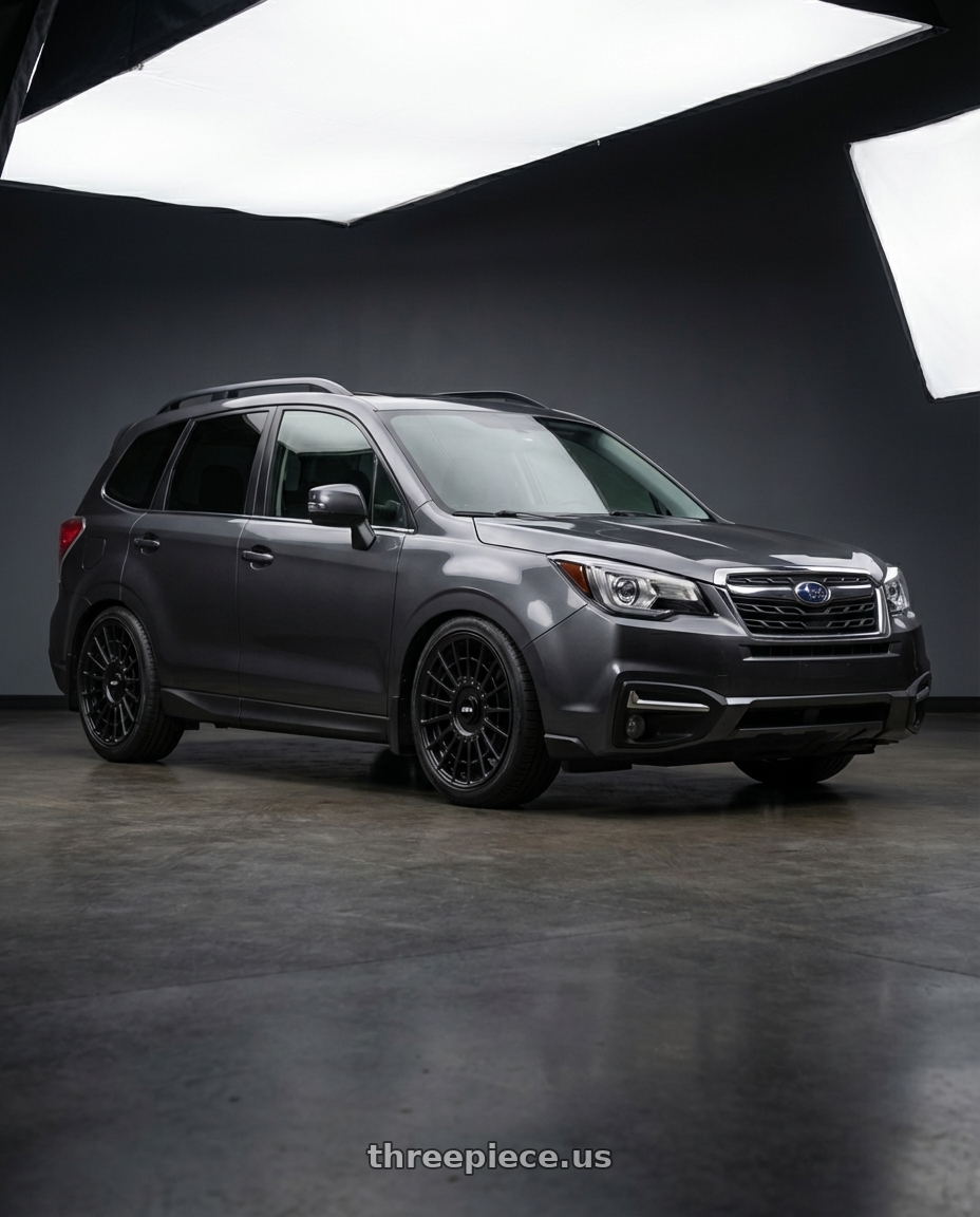 2017 Subaru forester xt touring Dark Grey Metallic with Rotiform 1PC R142 LAS-R 5X100/5X112 19X8.5 +45 MATTE BLACK wheels front three quarter view lowered stance
