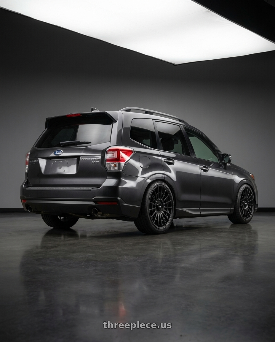 2017 Subaru forester xt touring Dark Grey Metallic with Rotiform 1PC R142 LAS-R 5X100/5X112 19X8.5 +45 MATTE BLACK wheels rear three quarter view slight stretch tires