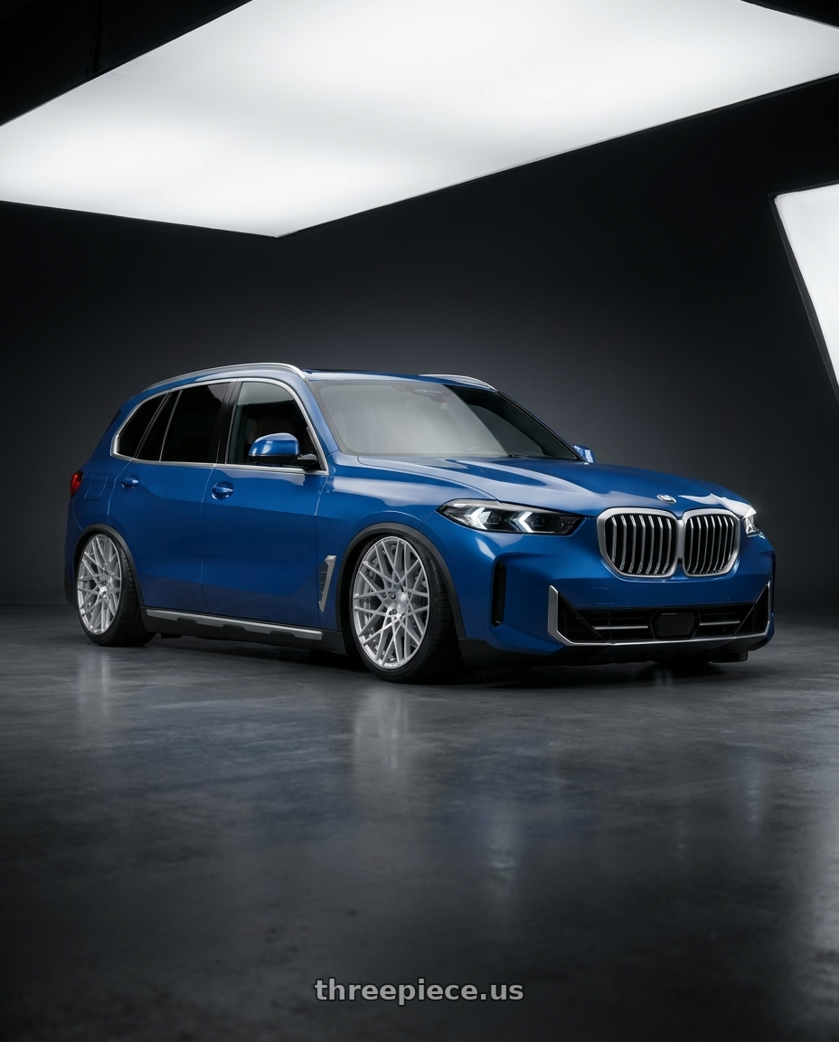 2026 BMW X5 ,blue with Rotiform 1PC R110 BLQ 5X114.3 18X8.5 +38 GLOSS SILVER MACHINED wheels