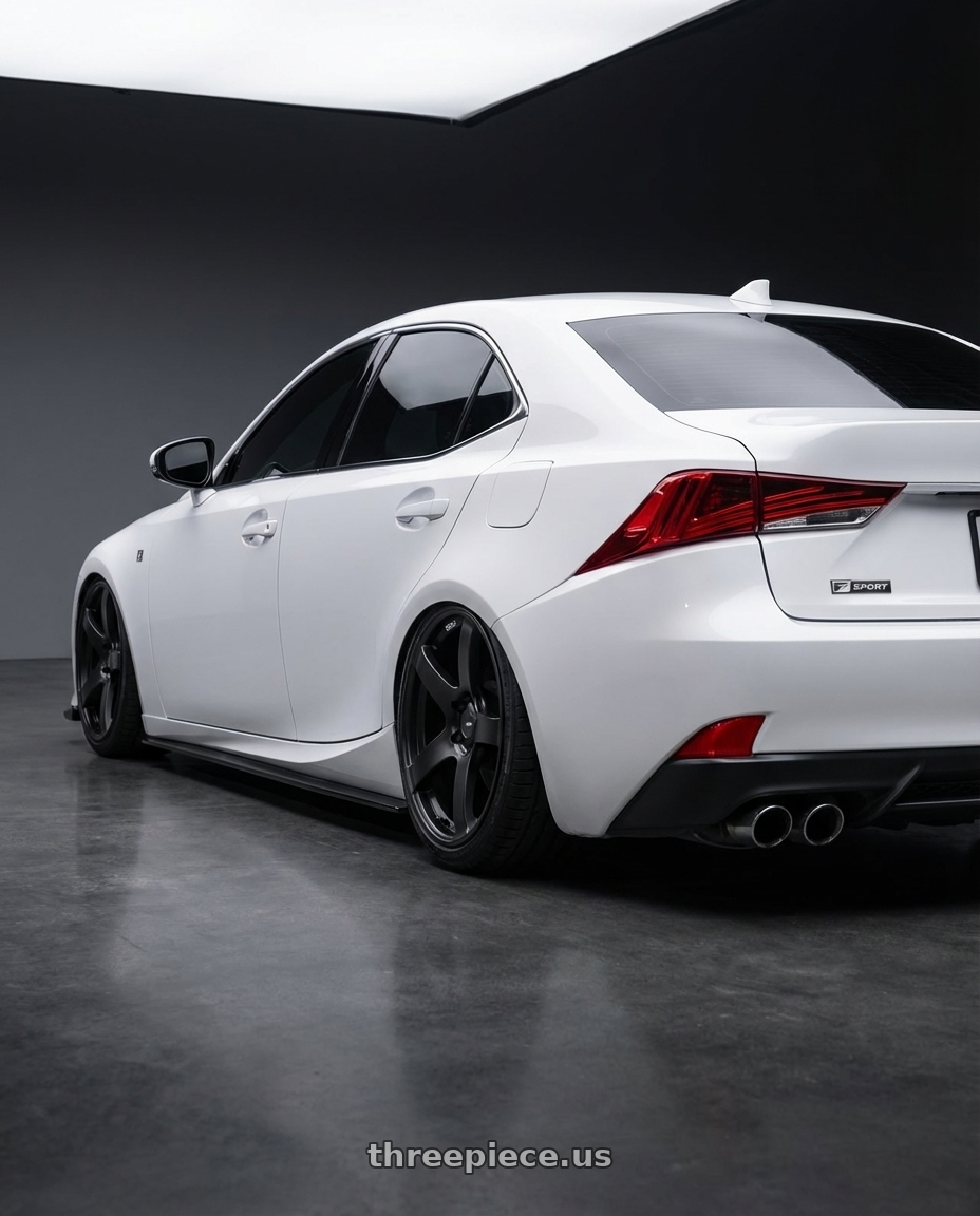 2018 Lexus IS 350 F Sport with Ssr Gtv01 5x114.3 19x8.5+38  FLAT BLACK wheels rear three quarter view slight stretch tires