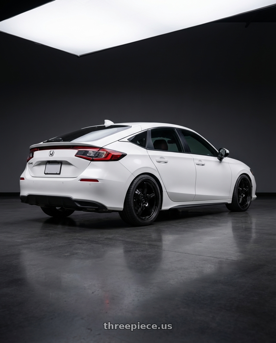 2024 Honda Civic with Gram Lights 57CR 5x114.3 18x10.5+12 Glossy Black wheels rear three quarter view square tires