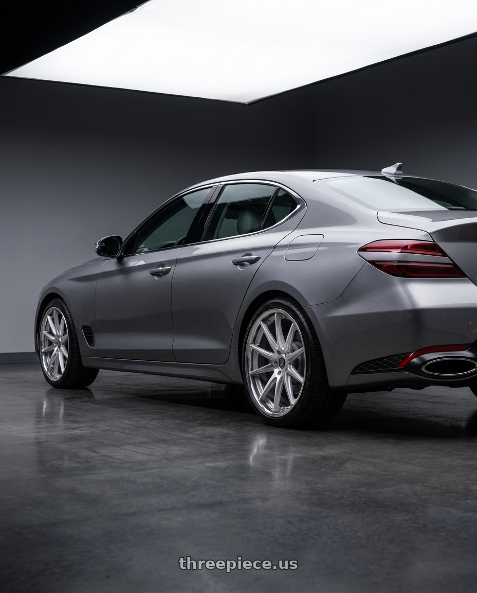 2024 genesis g70 with Rohana RFC10 5x114.3 20x9+35 Machine Silver/Chrome Lip wheels rear three quarter view square tires