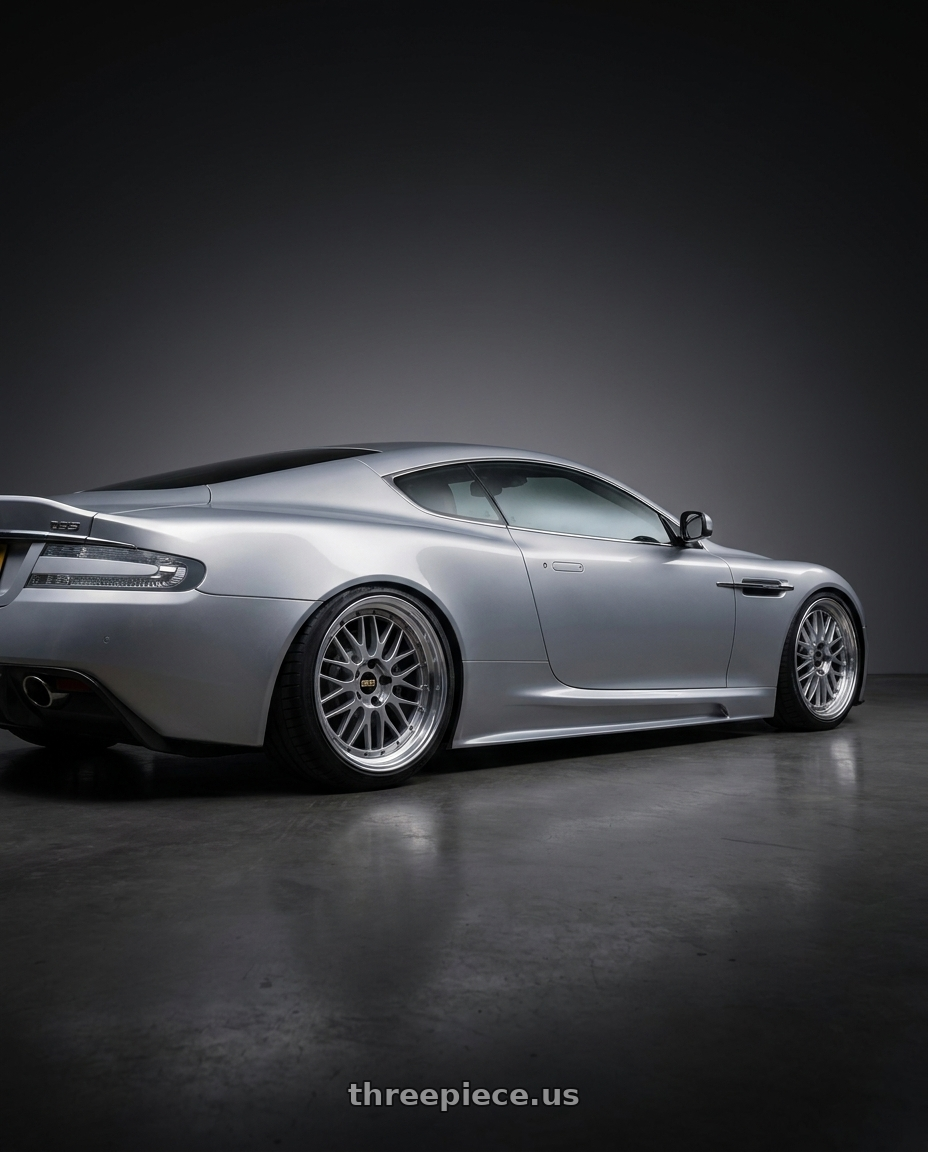 2009 Aston Martin DBS with BBS LM 5x114.3 18x8.0+40 Diamond Silver wheels rear three quarter view square tires