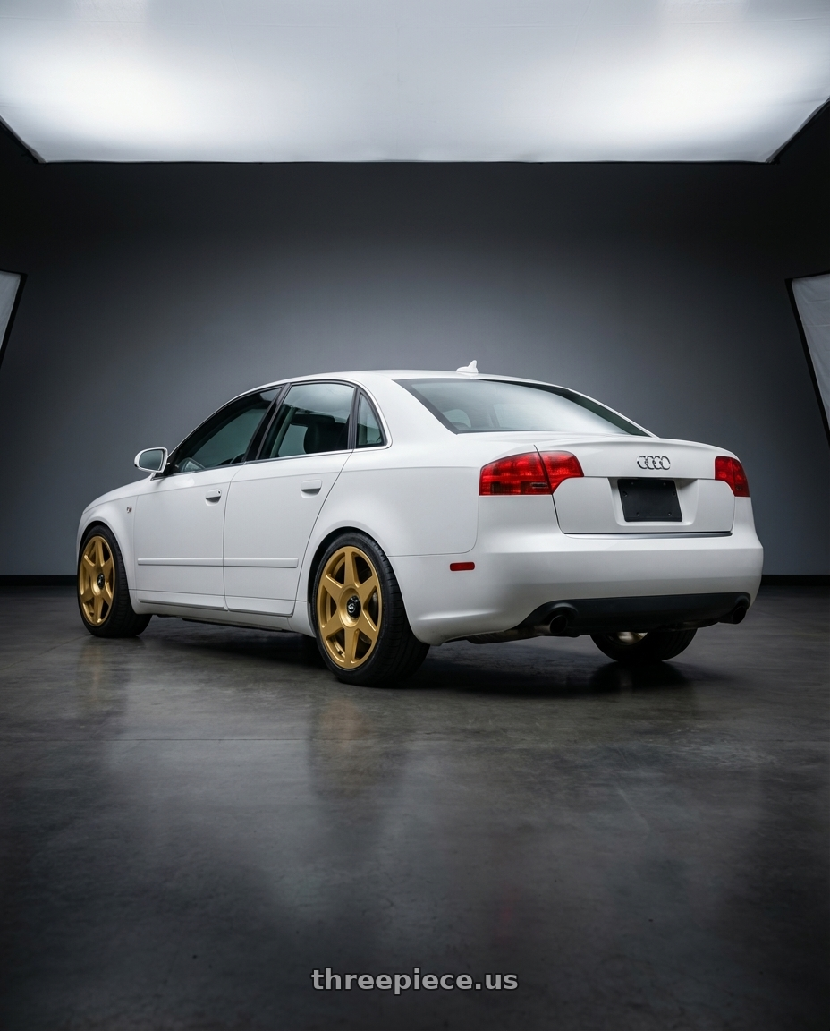 2010 Audi A4 B7 with fifteen52 TARMAC EVO 5x112 / 5x120 18x8.5 +35 GOLD (GLOSS GOLD) wheels rear three quarter view square tires