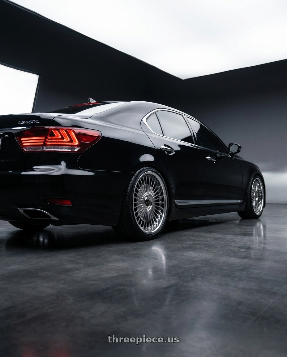 2014 Lexus LS460L with Work Emitz Black Polish 5x100 19x9.0 +22 wheels rear three quarter view square tires
