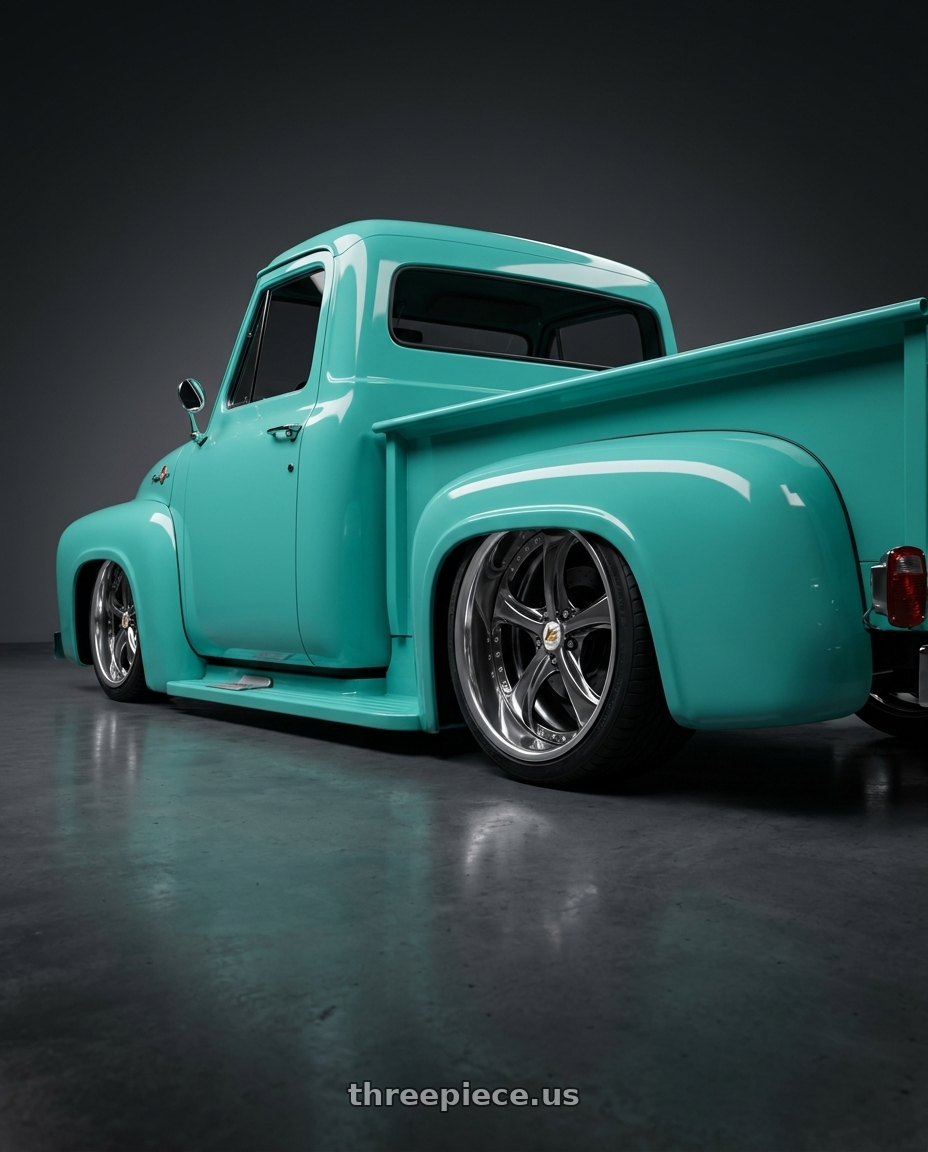 1955 Ford f100 with Work Wheels VS-KF 5X114.3 19x12.5+40 Brilliant Silver Black O Disk FULL REVERSE wheels rear three quarter view extreme stretch tires