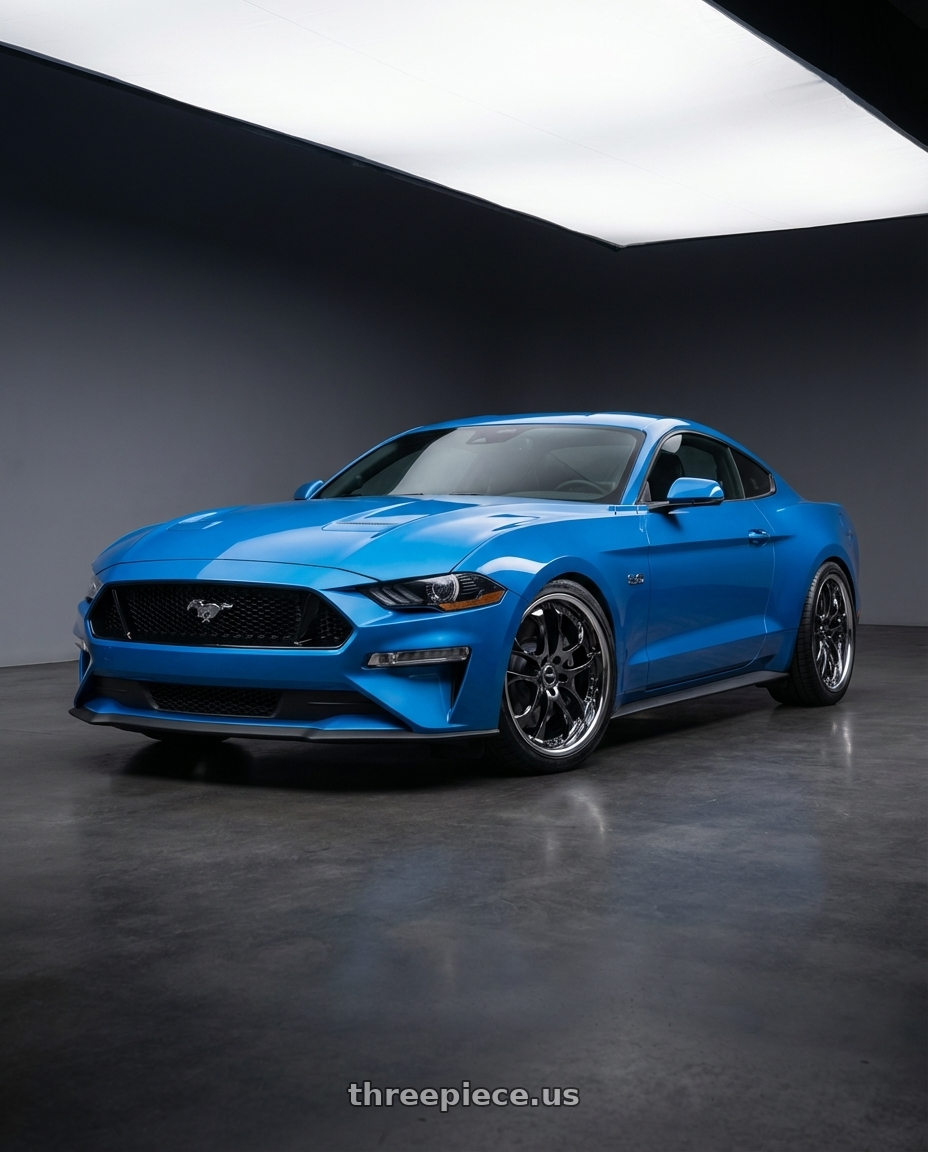 2022 Ford Mustang GT with Ssr Agle Minerva 5x114.3 19x9.5+30 SL Disk Super Black Coat wheels front three quarter view lowered stance