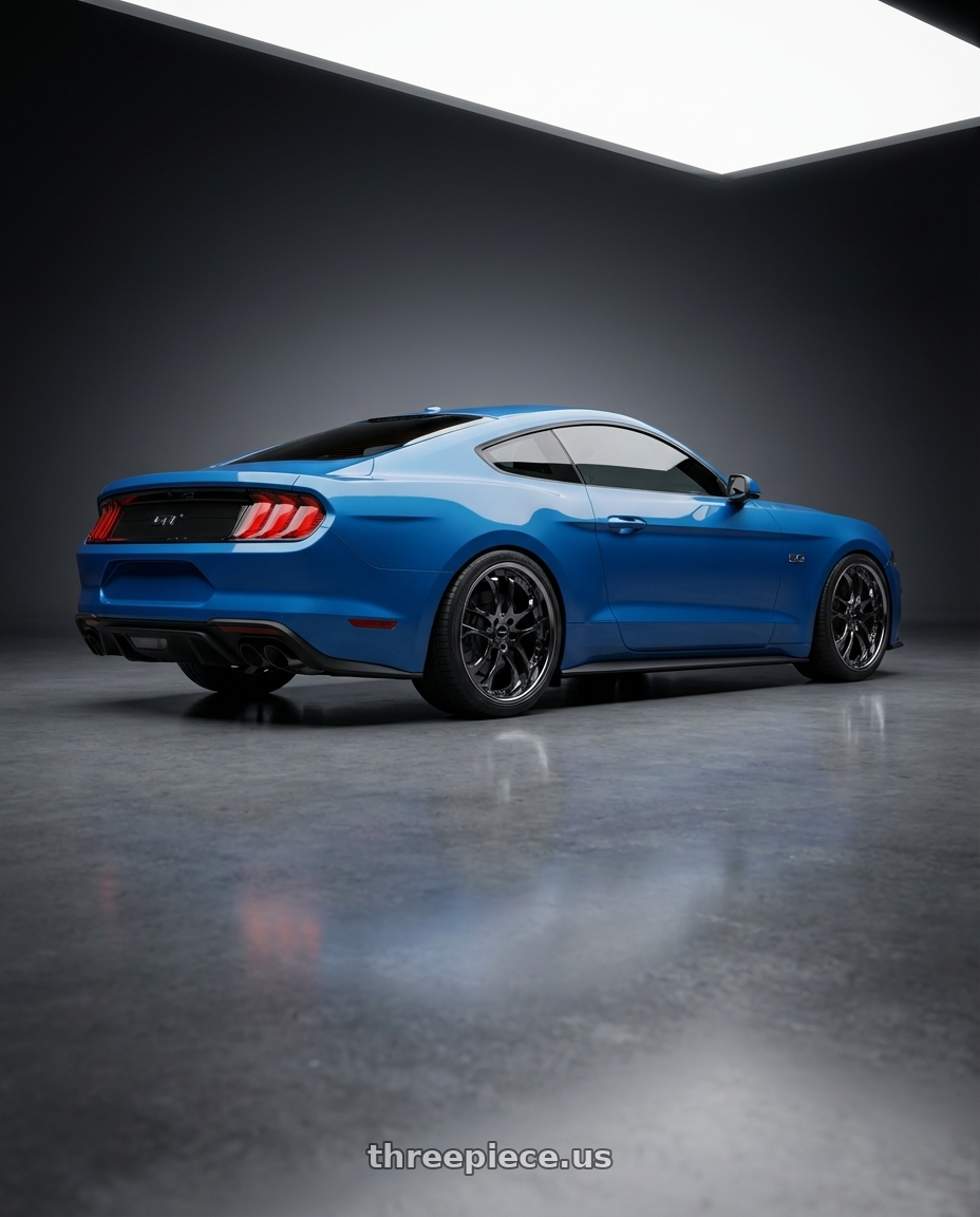 2022 Ford Mustang GT with Ssr Agle Minerva 5x114.3 19x9.5+30 SL Disk Super Black Coat wheels rear three quarter view square tires