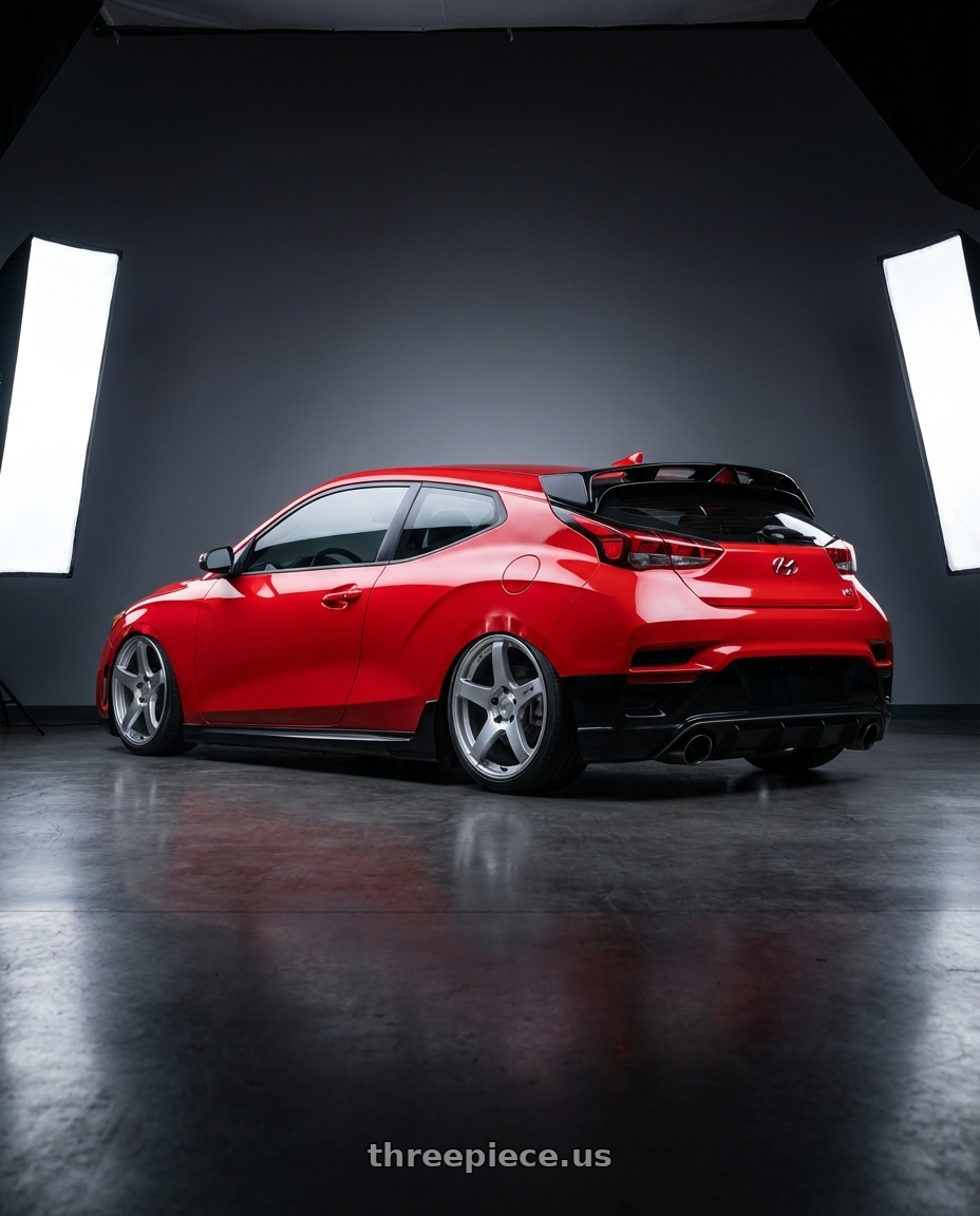 2022 Hyundai Veloster N with Ssr Gtv01 5x114.3 19x8.5+38  GLARE SILVER wheels rear three quarter view slight stretch tires