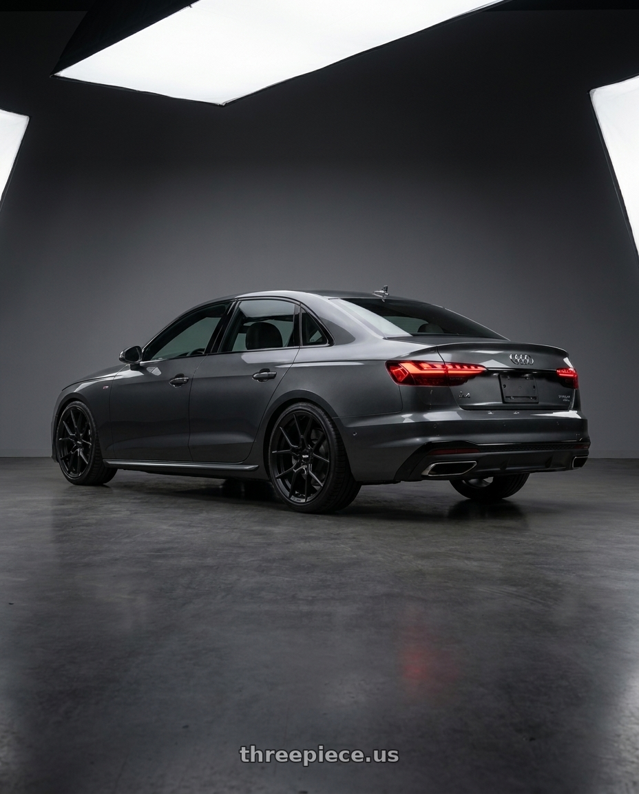 2020 Audi A4 Premium with Rotiform RC199 KPR 5X112 19x8.5 +45 SATIN BLACK wheels rear three quarter view square tires
