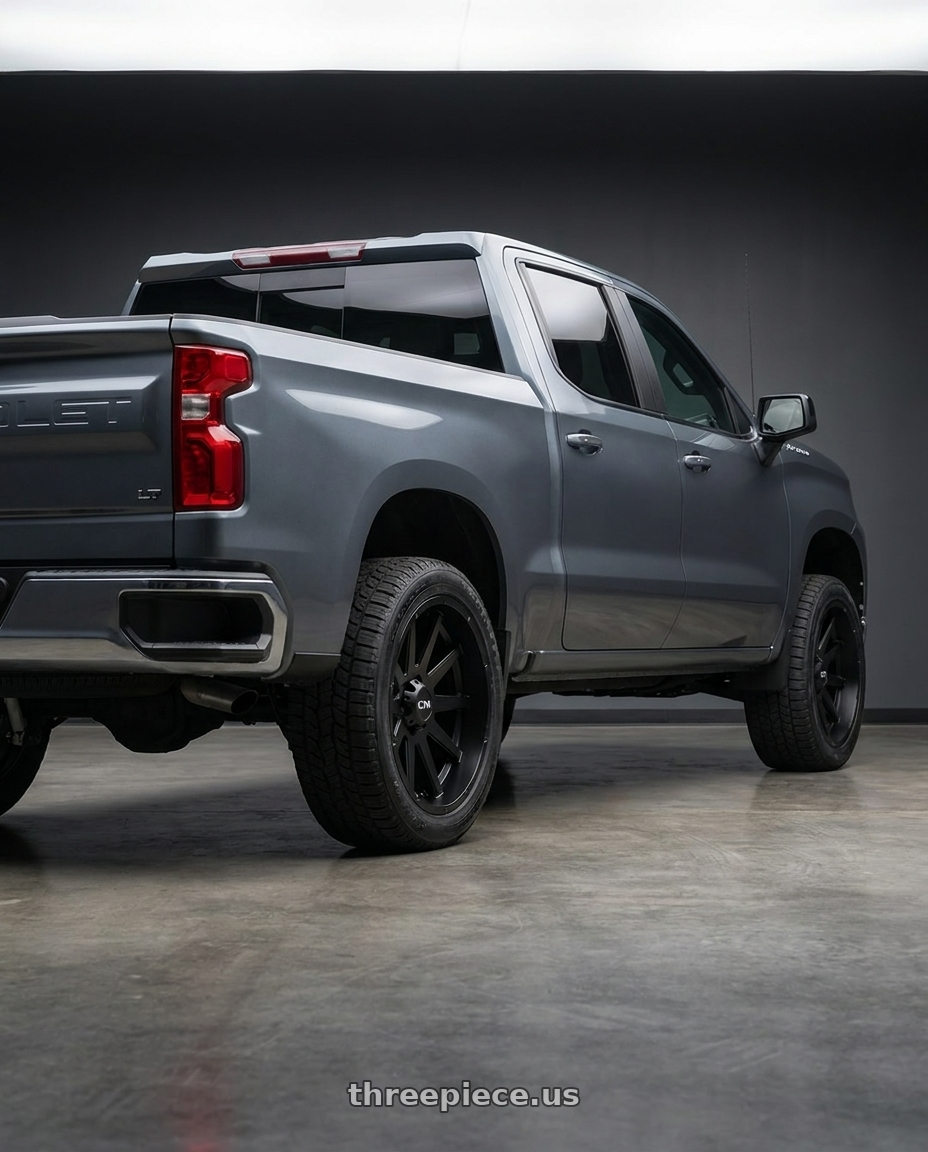 2021 Chevrolet Silverado 1500 LT with Ion Type 143 6x139.7 20x9+0 Matte Black wheels rear three quarter view square tires