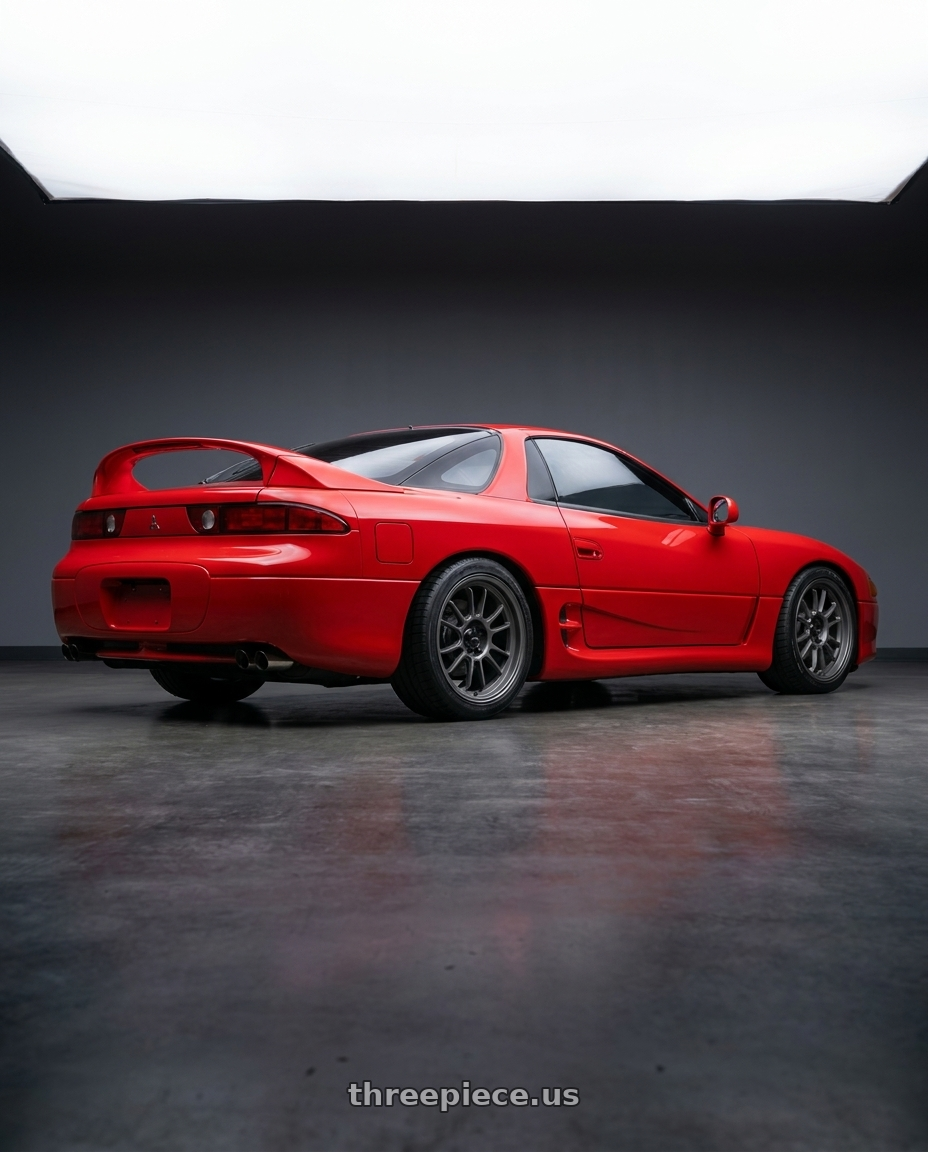 1993 Mitsubishi 3000gt vr4 with Konig Hypergram 5X114.3 19x8.5+38 Matte Grey Flow Formed wheels rear three quarter view square tires